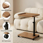 C Shaped End Table with Natural Wood Top & Wheels, Adjustable Height Side Table That Slides Under Couch, Modern Laptop & TV Tray for Sofa, Bed