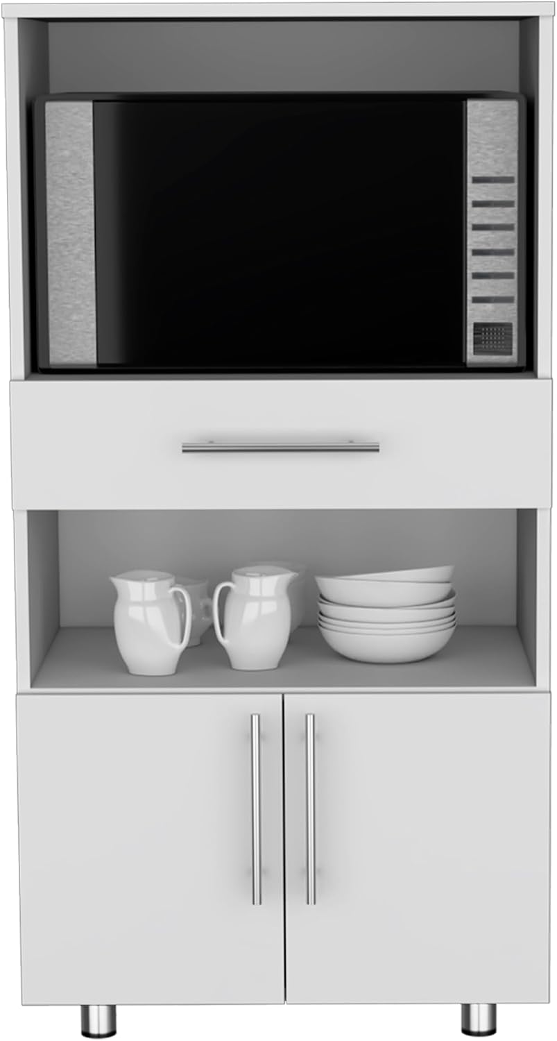 Classic White Kitchen Pantry with Open Shelves, Microwave Shelf, & Storage Doors - 48" H, Pine Wood