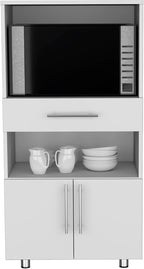 Classic White Kitchen Pantry with Open Shelves, Microwave Shelf, & Storage Doors - 48" H, Pine Wood