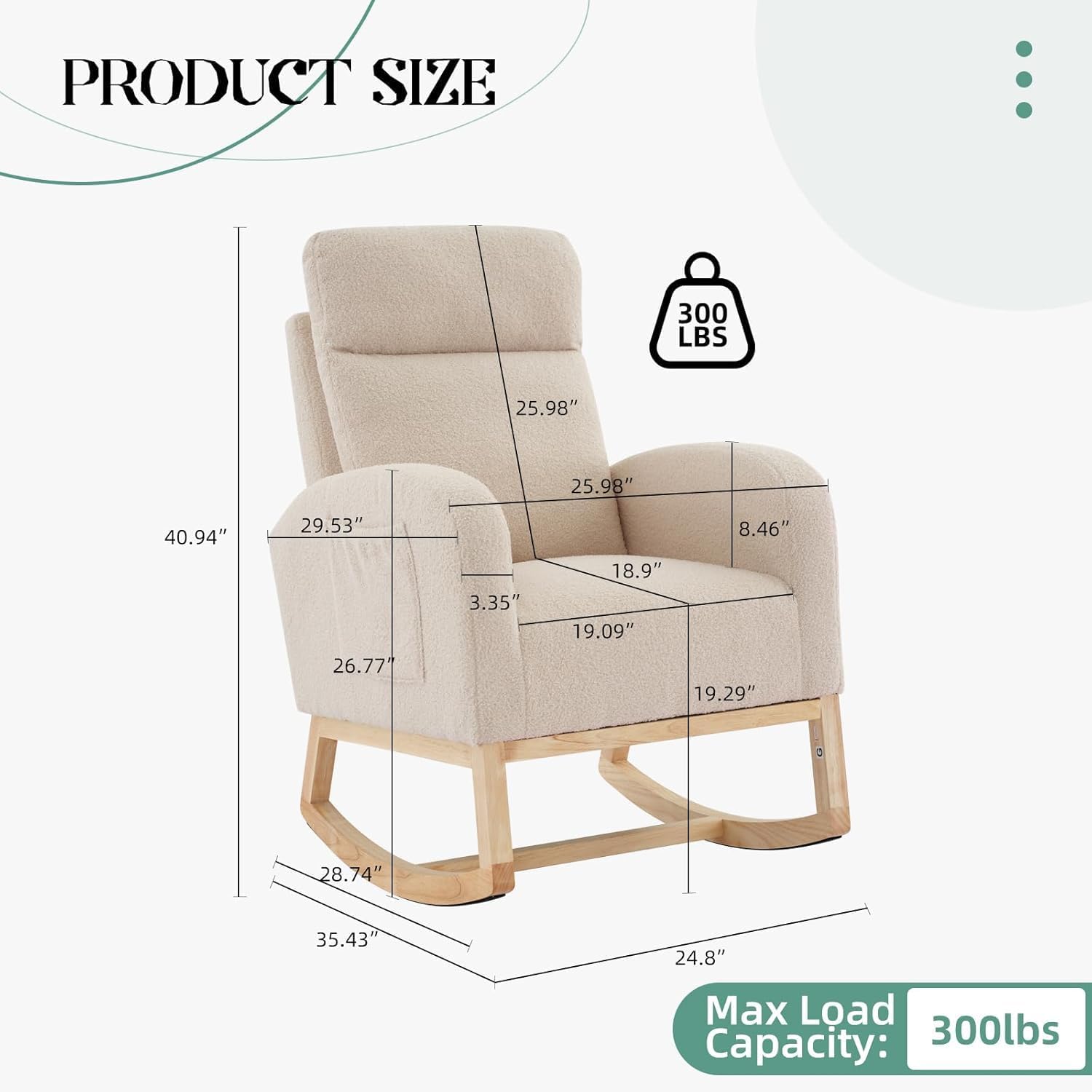 Modern Nursery Chair,Rocking Chair with High Backrest Armchair,Teddy Upholstered Glider Recliner Accent Reading Chairs Padded Seat for Living Room,Bedroom,Beige