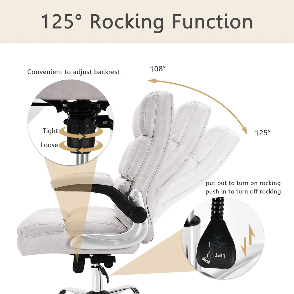 POWERSTONE Ergonomic Office Chair Big and Tall High-Back Executive Computer Desk Chair Upholstered Comfortable Home Office Chair with Flip-up Arms 400 LBS, Beige