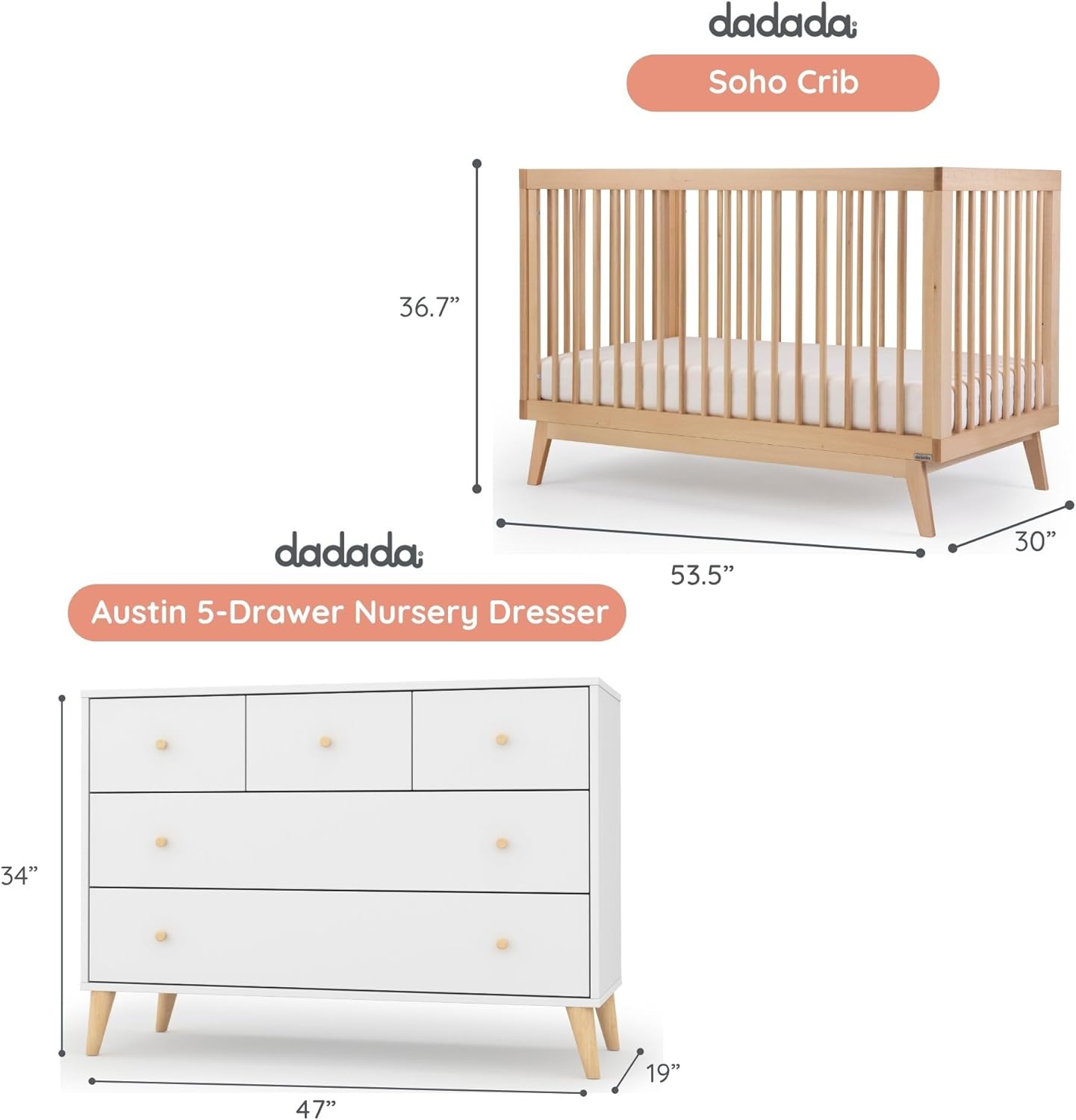 dadada Baby Harmony Set, Nursery Furniture Set. Baby Crib and Dresser Combo. Soho 3-in-1 Convertible Crib and Austin 5 Drawer Nursery Dresser. Natural Beechwood