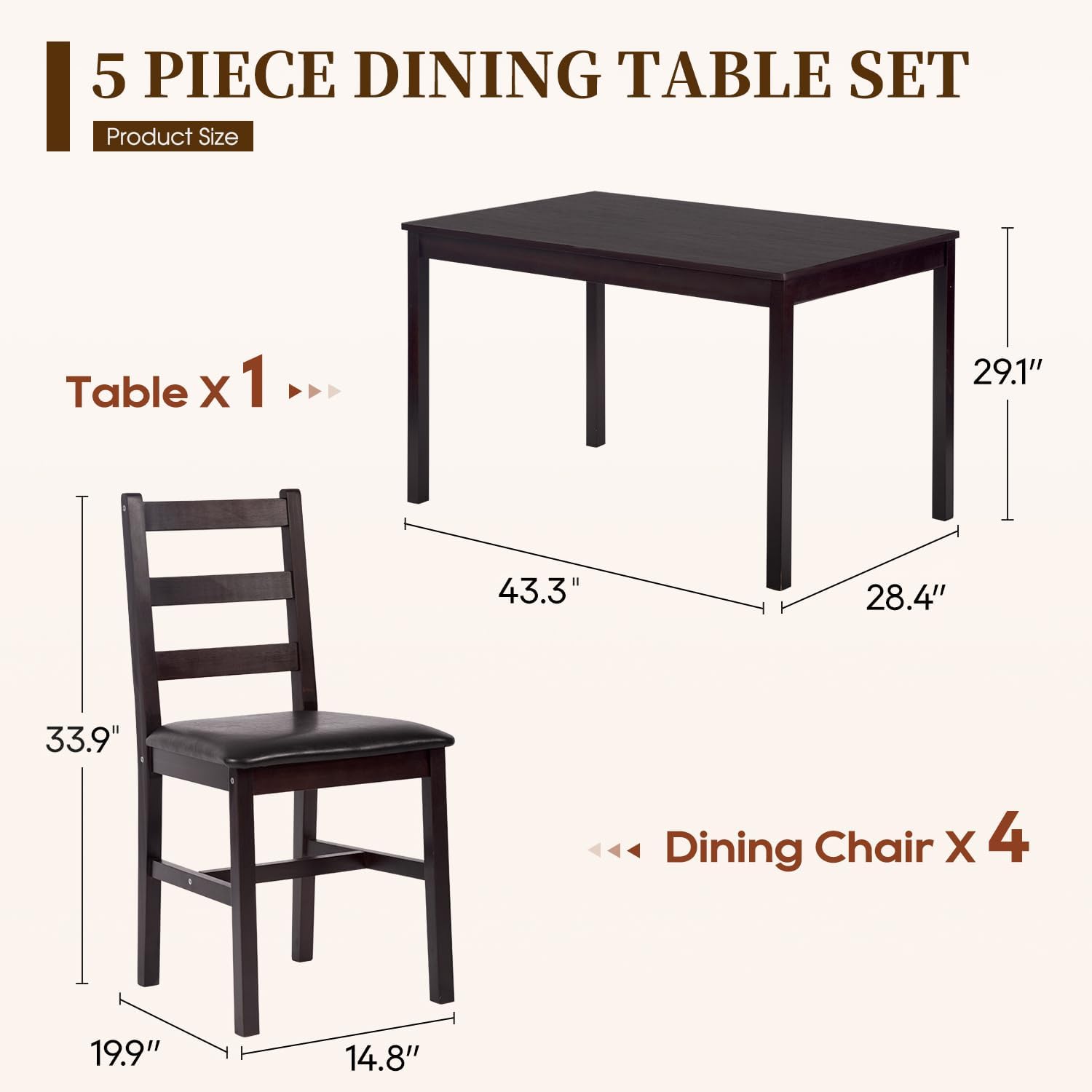 FDW | 5-Piece Solid Wood Dining Table Set for 4 | Brown | Space-Saving Design | Smooth Easy-to-Clean Surface | Pine Kitchen Table with Upholstered Chairs | for Dining Room, Apartment, Restaurant