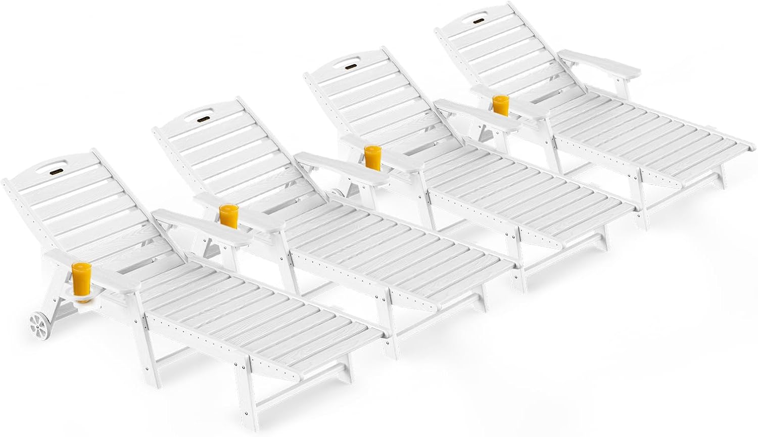 Ciokea Lounge Chair Outdoor Set of 4, Oversized Chaise Lounge Chair with 5 Positions, HDPE, Patio Lounge Chairs with Wheels & Cup Holder for Lawn, Pool, Deck, Poolside, White
