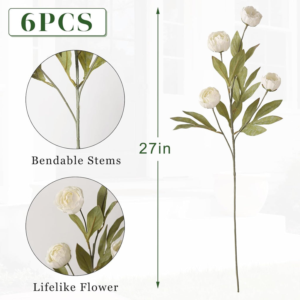 Juxdp 6 PCS Artificial Peony Branches for Vase - 27" Fake Silk Peonies Stems Look Real Faux Flowers for DIY Bouquet, Table Centerpieces, Farmhouse, Home Decor (Cream)