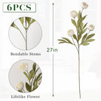 Juxdp 6 PCS Artificial Peony Branches for Vase - 27" Fake Silk Peonies Stems Look Real Faux Flowers for DIY Bouquet, Table Centerpieces, Farmhouse, Home Decor (Cream)