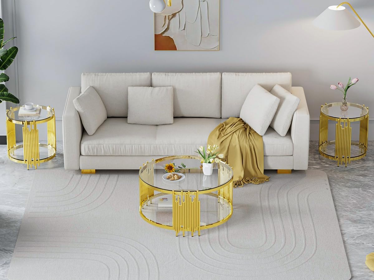Luxury Gold Round Glass End Table Set of 2, 19.7" Modern Side Table with Stainless Steel Irregular Leg Clear Tempered Glass Tabletop, Accent Furniture for Living Room, Clear