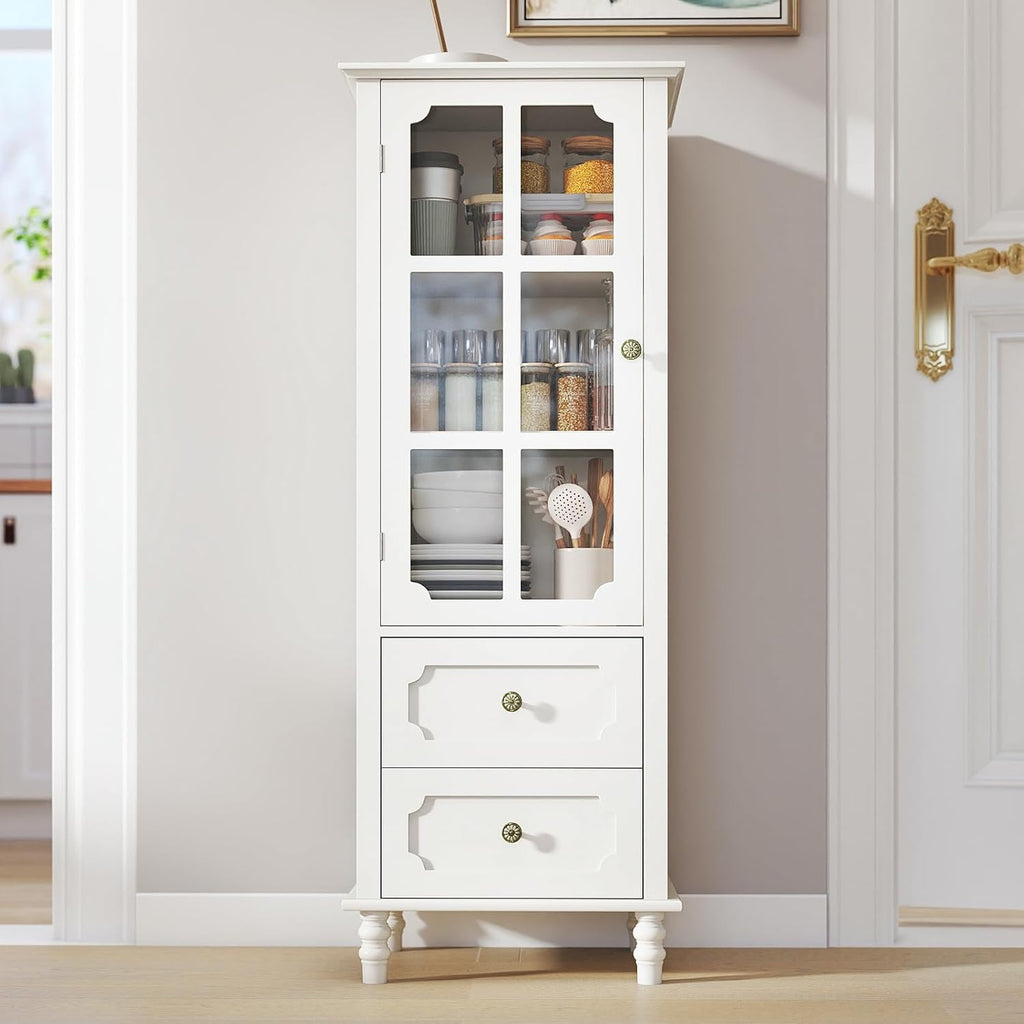 Tall Narrow Sideboard Buffet Cabinet with Storage, 52" Kitchen Pantry Storage Cabinet with 2 Glass Doors and 2 Drawer, Coffee Bar Unit Display Hutch (Creamy White)