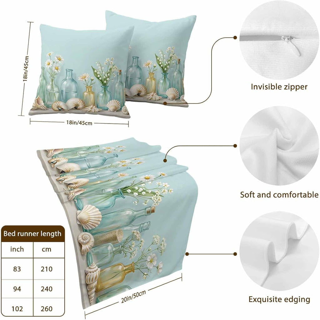 Nautical Conch Shell Bed Runners for Cal King Size Beds Sea Glass Bottles Coastal Floral Bed Scarf Matching Decorative Throw Pillow Covers Hotel Beds End Blanket Towel Bedspread Protection for Bedroom
