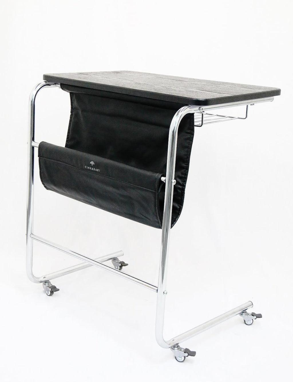 C-Shaped End Table, Movable Side Table for Couch, Sofa Table with Wood Top and Chrome Frame for Living Room, Bedroom, Bedside, Four Flexible Wheels, Black and Silver