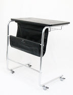 C-Shaped End Table, Movable Side Table for Couch, Sofa Table with Wood Top and Chrome Frame for Living Room, Bedroom, Bedside, Four Flexible Wheels, Black and Silver