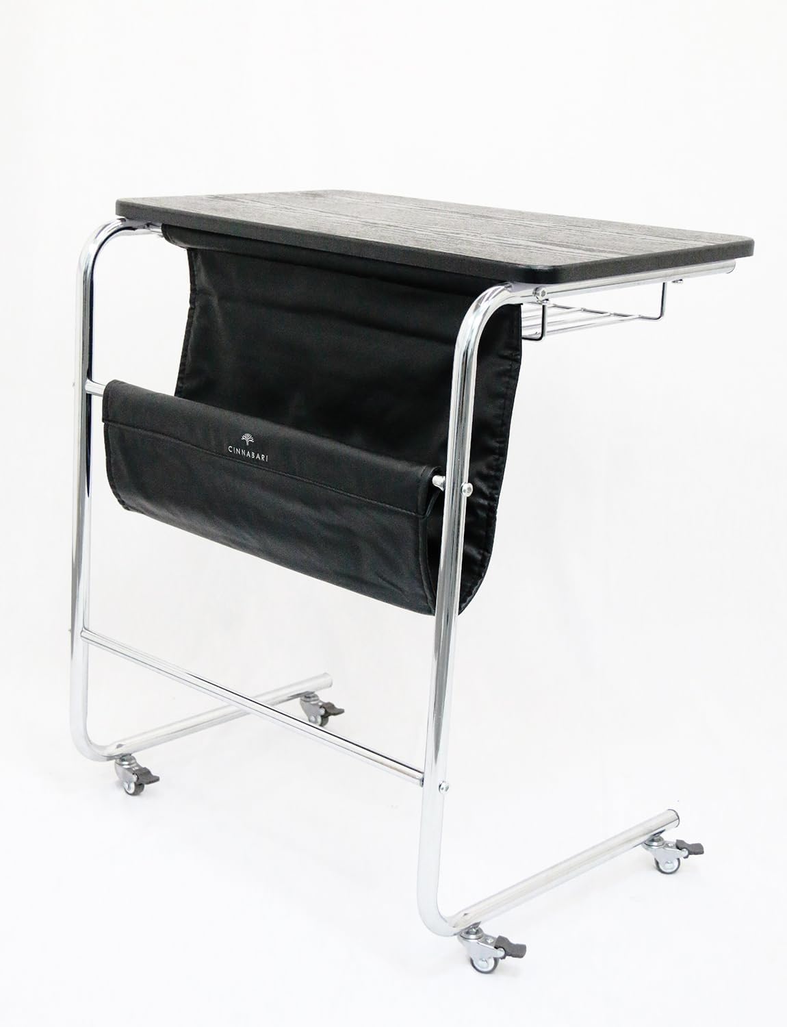 C-Shaped End Table, Movable Side Table for Couch, Sofa Table with Wood Top and Chrome Frame for Living Room, Bedroom, Bedside, Four Flexible Wheels, Black and Silver