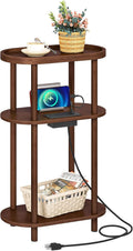 HOOBRO Small Narrow Side Table with Charging Station, 3-Tier Bamboo Narrow End Table, Slim Side Table for Small Spaces, Skinny Oval Nightstand for Living Room, Bedroom, Apartment, Mocha MA178UBZ01