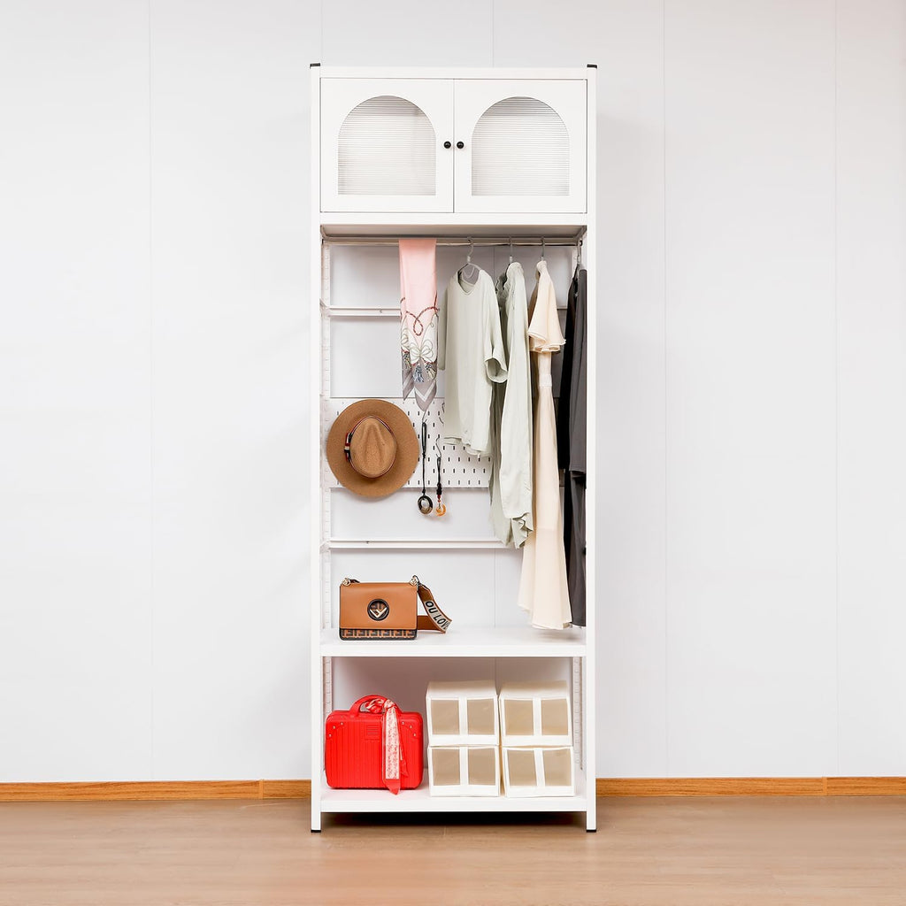 White Steel Wardrobe with Arched Sunlight Panel Doors, Hanging Rail, Open Shelves, 95.1 in Tall, Modern Bedroom Closet Organizer (White1)