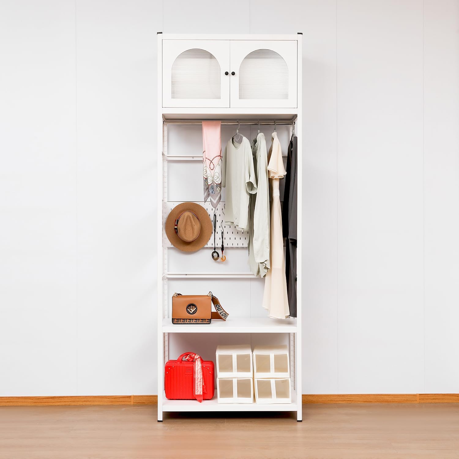 White Steel Wardrobe with Arched Sunlight Panel Doors, Hanging Rail, Open Shelves, 95.1 in Tall, Modern Bedroom Closet Organizer (White1)