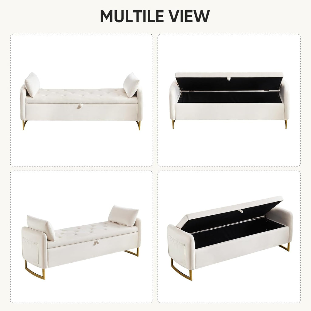 48" End of Bed Bench, Modern Storage Benches with Button-Tufted, Velvet Upholstered Storage Ottoman Bench for Foot of Bed with Arms, Gold Legs Window and Entryway, Beige