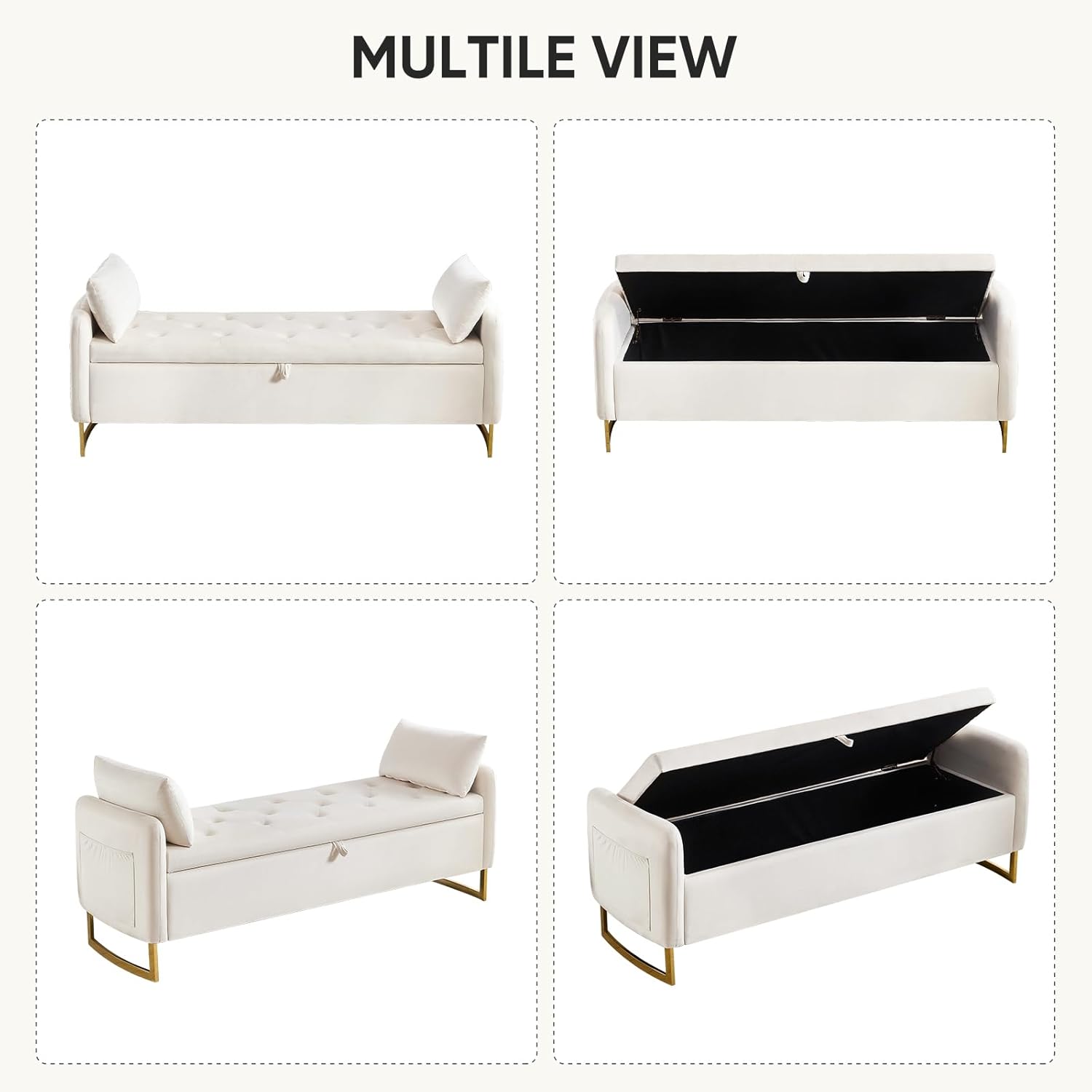48" End of Bed Bench, Modern Storage Benches with Button-Tufted, Velvet Upholstered Storage Ottoman Bench for Foot of Bed with Arms, Gold Legs Window and Entryway, Beige
