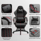 Dowinx Gaming Chair with Massage Lumbar Support, Vintage Style Office Computer Chair PU Leather E-Sports Gamer Chairs with Retractable Footrest and Headrest Black&Red