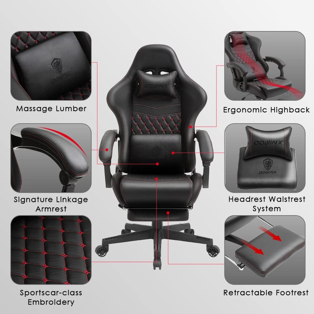 Dowinx Gaming Chair with Massage Lumbar Support, Vintage Style Office Computer Chair PU Leather E-Sports Gamer Chairs with Retractable Footrest and Headrest Black&Red