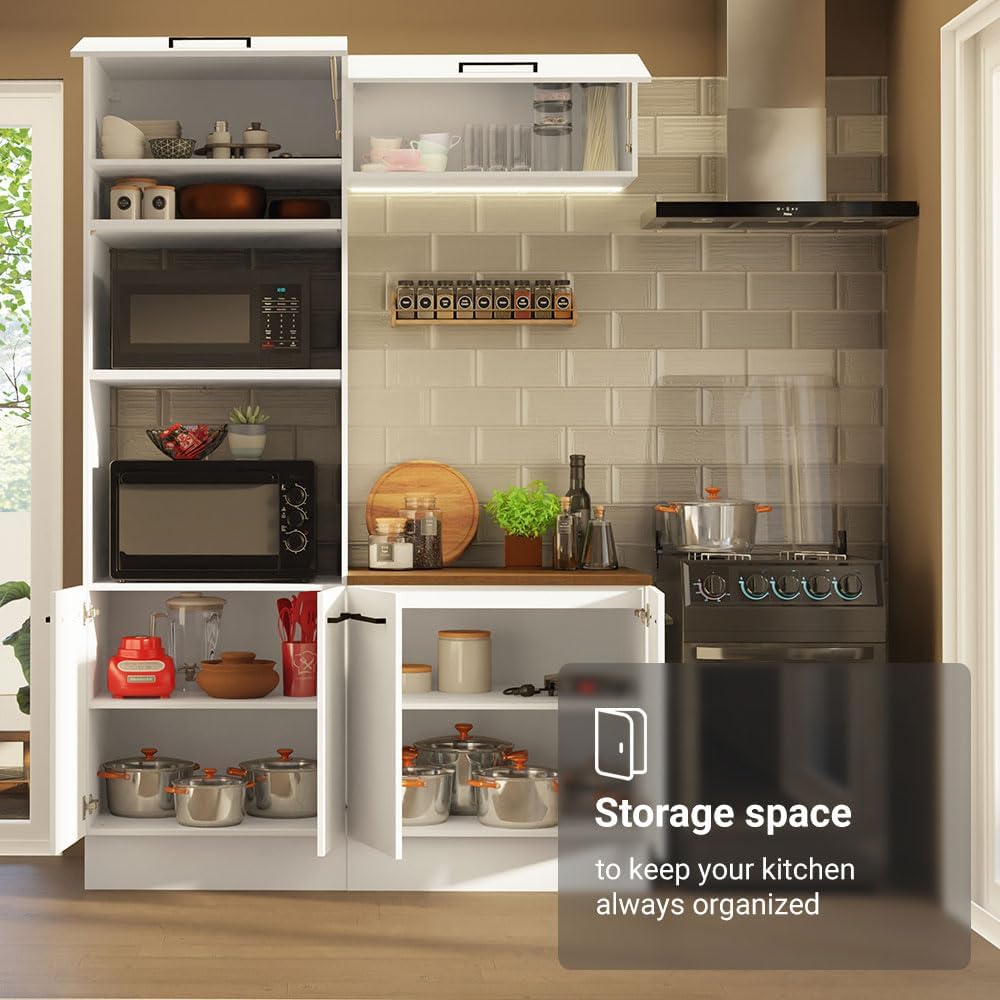 Madesa Hazel 3-Piece Kitchen Storage Set with 3 Doors 3 Open Shelves Pantry Cabinet 2 Doors Base Cabinet and Horizontal Door Wall Cupboard 59 Inch Wooden Organization Units for Pantry - White