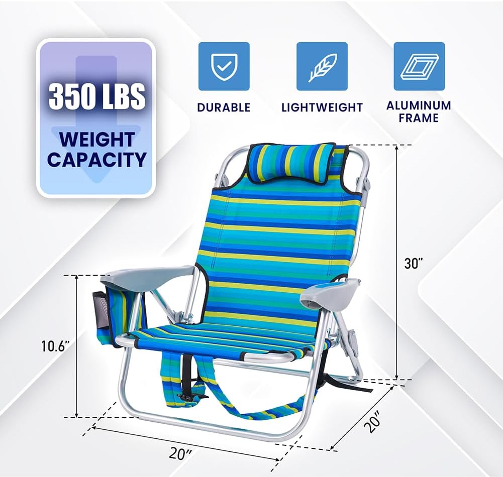 Portable Recliners Chair for Adults, Outdoor Camping Chair Lay Flat Folding Backpack Reclining Chair with 5 Positions, Headrest, Zipper Pouch, Cup Holder, NEW Srtiped