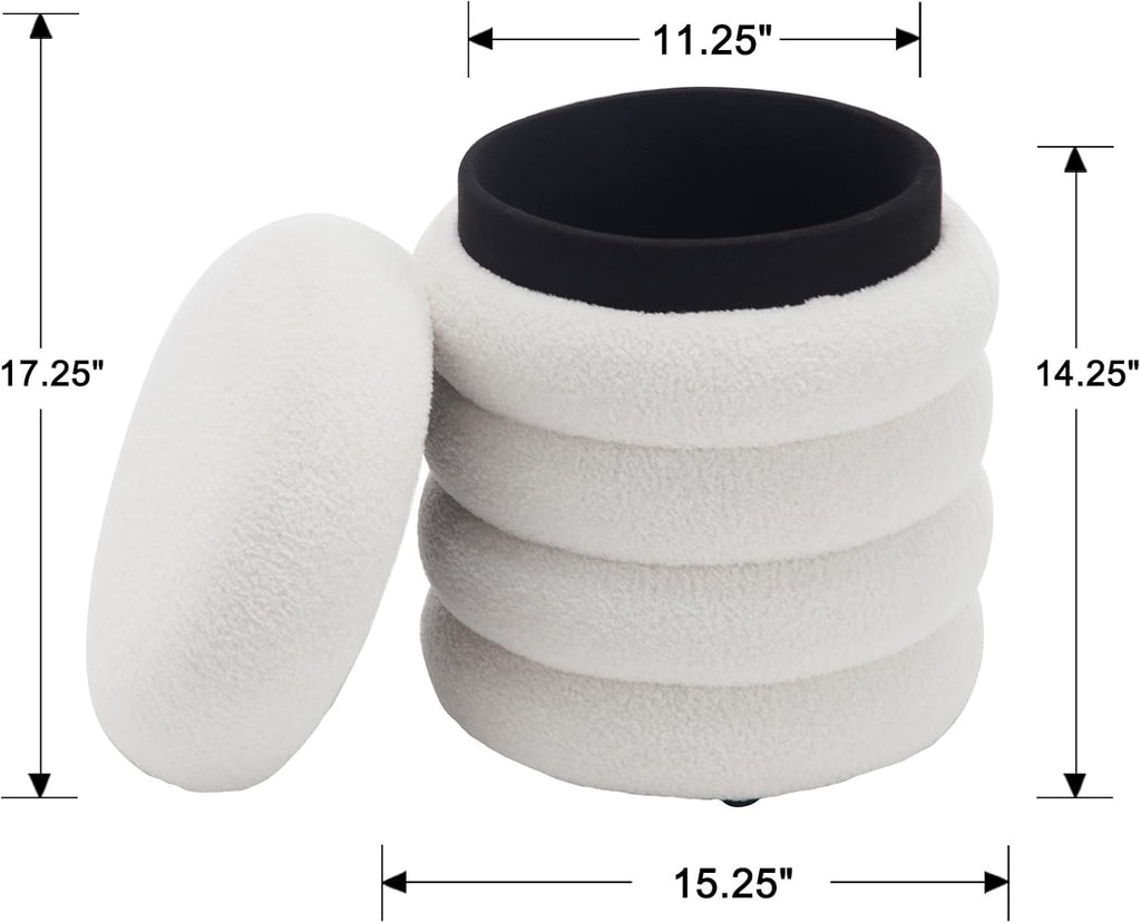 White Round Ottoman with Storage Upholstered Sherpa Foot Stool Ottoman Small Boucle Foot Rest Pouf for Living Room/Entryway, Set of 2