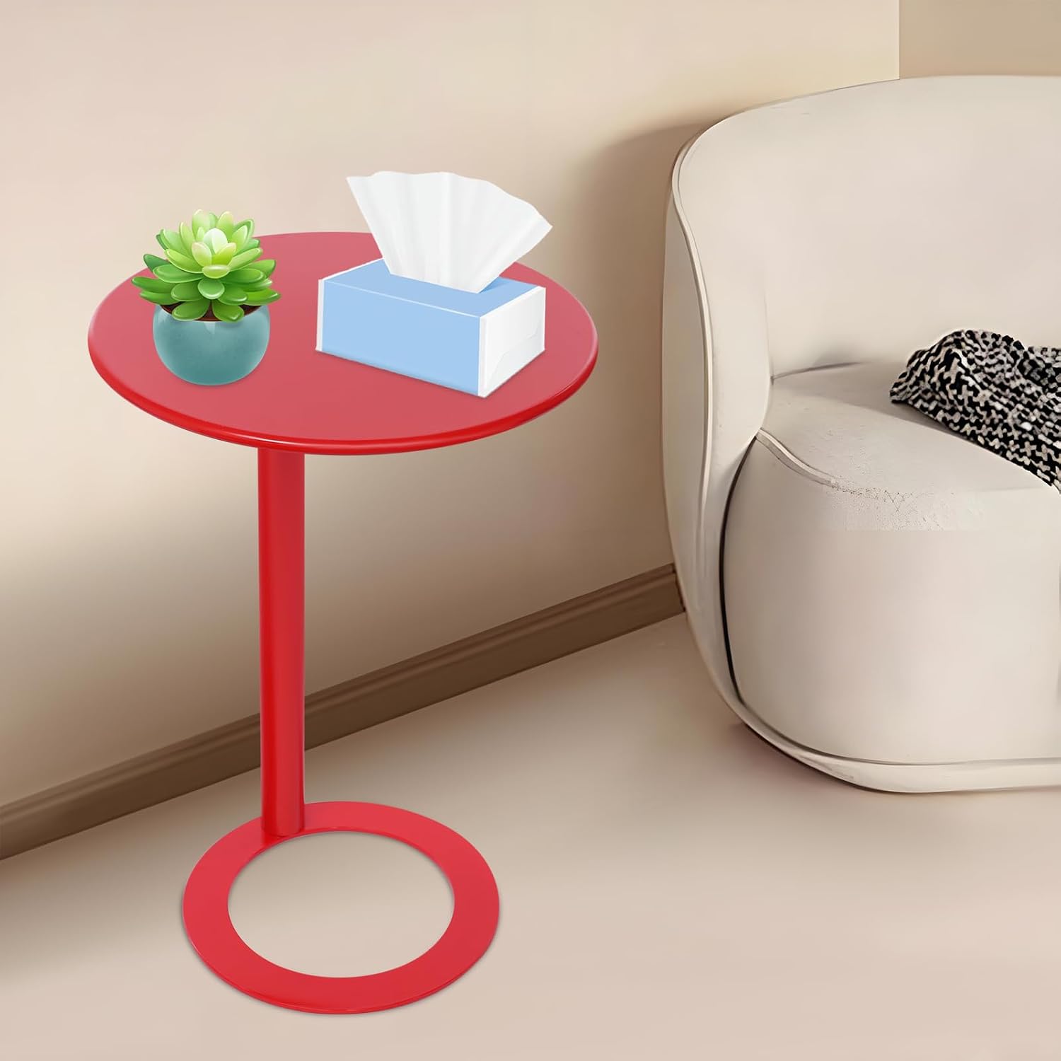 C-Shaped Side Table for Small Spaces - Modern Round End Table Slides Under Sofa, Couch, Bed - Space Saving Furniture 18.9" (Red)