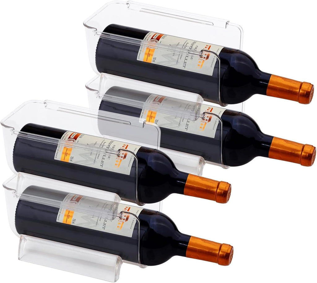 4 Pack Plastic Stackable Water Bottle and Wine Rack Storage Organizer for Kitchen Countertops, Pantry, Fridge, Clear
