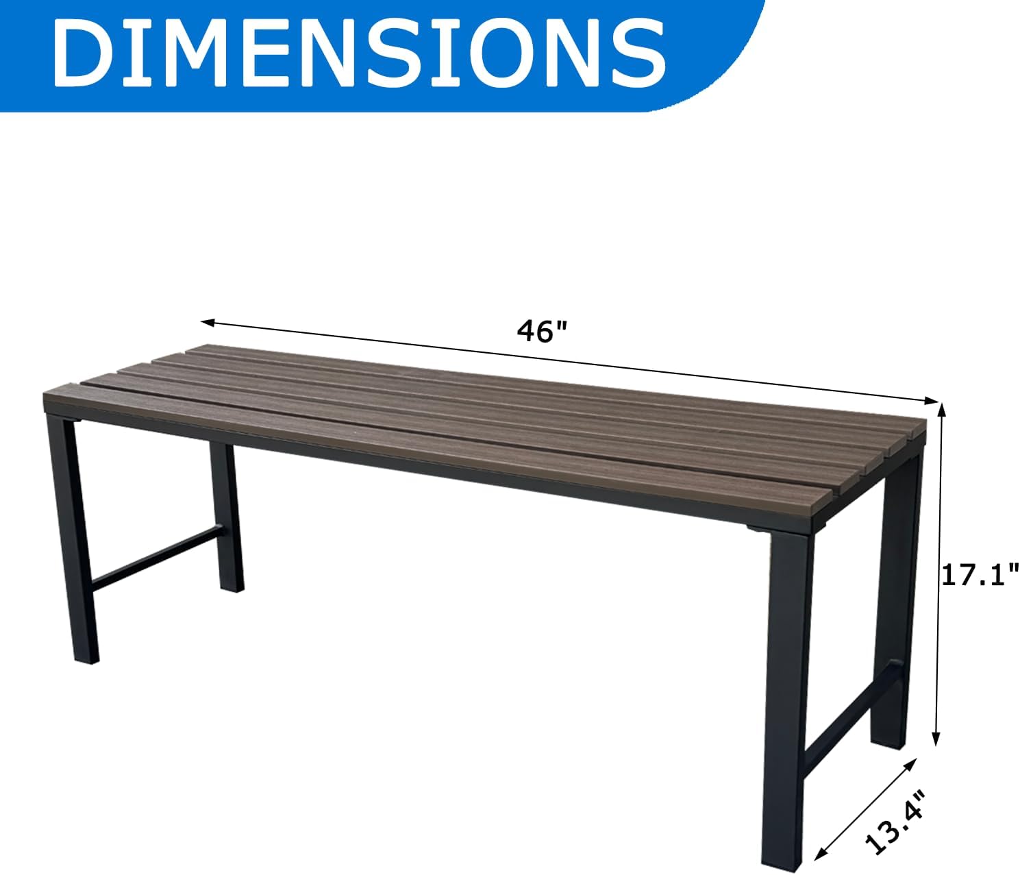 46" Outdoor Metal Backless Bench, All-Weather Patio Garden Bench for Backyard, Porch, or Lawn, Durable Steel Bench for Outdoor Spaces, Walnut