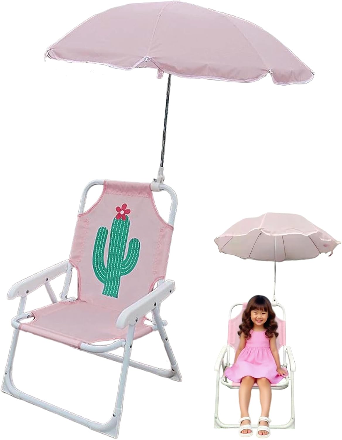 Kids Beach Chair with Umbrella, Foldable & Detachable Portable Oxford Cloth Cute Kids Beach Chair with Canopy for Outdoor Summer, Cactus