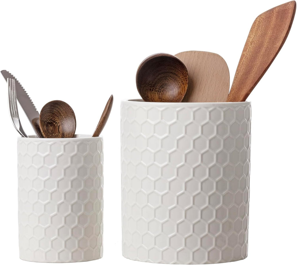 Docrin Ceramic Kitchen Utensil Holder 2 Pack - 6.8"+5.1" Inch Countertop Storage Organizer, Non-Slip Base, Easy to Clean, Elegant White Ceramic Utensil Crocks for Spatulas, Spoons, Cooking Gadgets