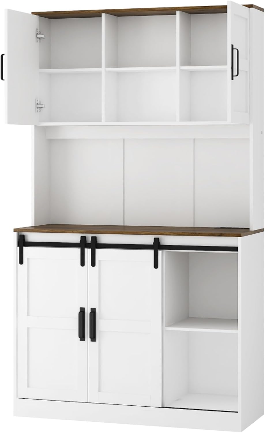 74 Inch Tall Freestanding Pantry Storage Cabinet Cupboard Unit, Six Doors, Dual Drawers, Triple Shelves, Integrated Power Outlets USB Charging, Versatile Wardrobe Hutch Organizer Furniture (White B)