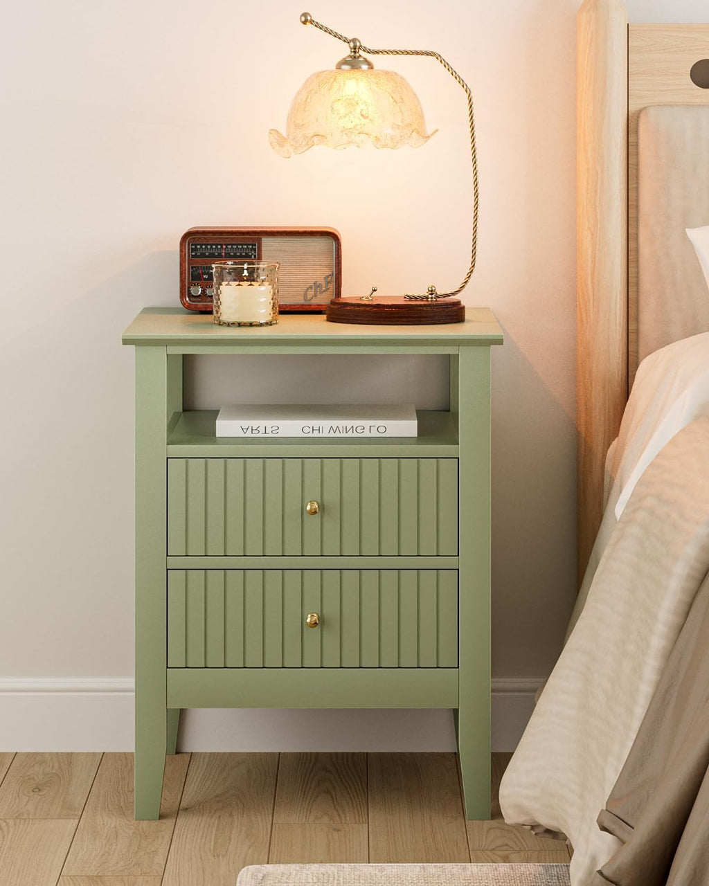 Fluted Nightstand, Farmhouse Night Stand with 2 Drawers, Mid Century Modern Side Accent Table,Bedside End Table for Bedroom, Living Room, Green