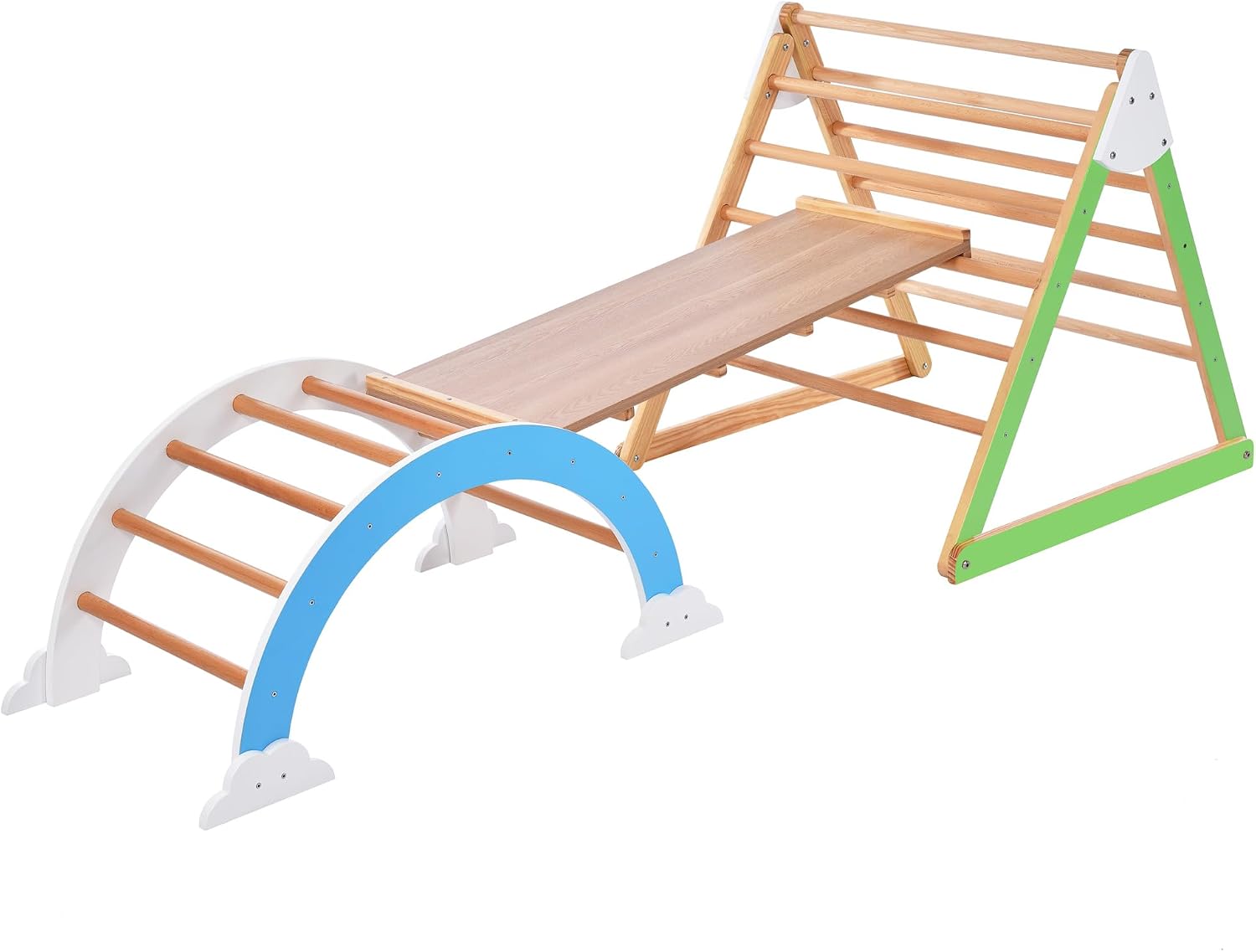 Wooden Climbing Triangle Toys Indoor Arc Climber Jungle with Ramp and Arch Toy Rocker, Reversible Multifunction Playset Natural Wood Playground BD269