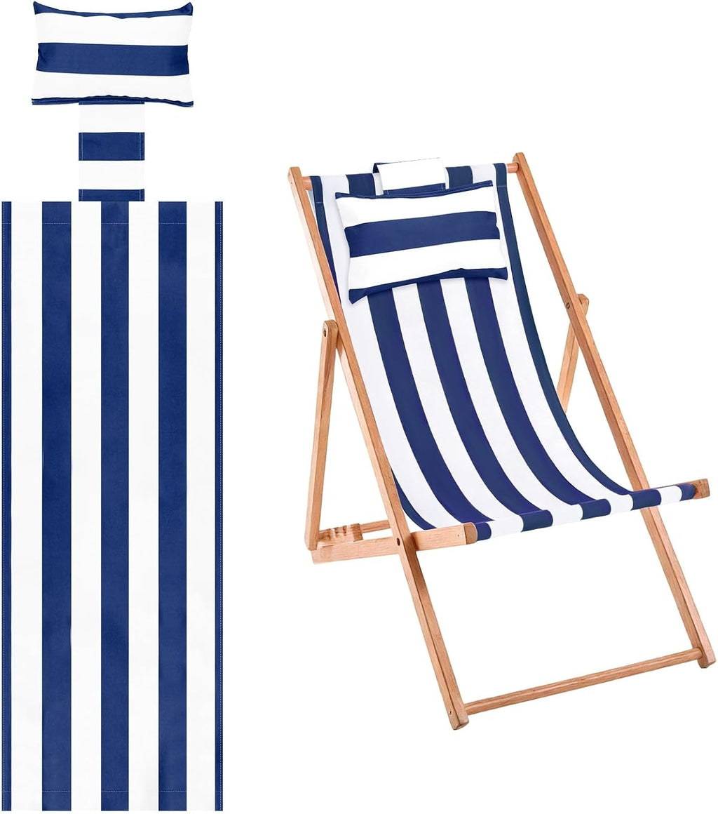 Beach Sling Chair Replacement Canvas, 16x44.5 Inch Folding Lounge Chair Fabric with Pillow for Beach/Sunbathing/Courtyard/Garden [Striped Dark Blue, Only Replacement]