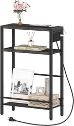 HOOBRO Small Narrow Side Table with Charging Station, Skinny End Table for Small Spaces, Slim Nightstand with USB Ports Outlet, Sofa Beside Table with Storage Shelf, Charcoal Black BC102UBZ01