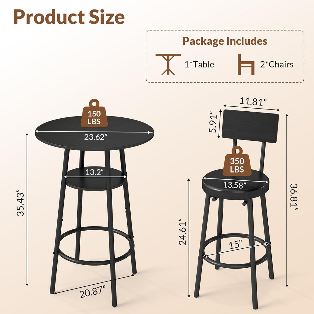 Zevemomo 3 Pieces Round Bar Table Set, Small Dining Table for 2, Black Kitchen Bar Table, Breakfast Table with Storage, 2 Thickened Cushion Stools with Backrest for Dining Room & Bistro-Black