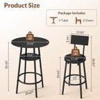 Zevemomo 3 Pieces Round Bar Table Set, Small Dining Table for 2, Black Kitchen Bar Table, Breakfast Table with Storage, 2 Thickened Cushion Stools with Backrest for Dining Room & Bistro-Black