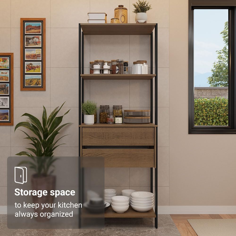 Madesa Kitchen Pantry Storage Rack 27" L with 2 Drawers and Open Shelves Multiuse Cabinet for Kitchen Organization - Black/Brown