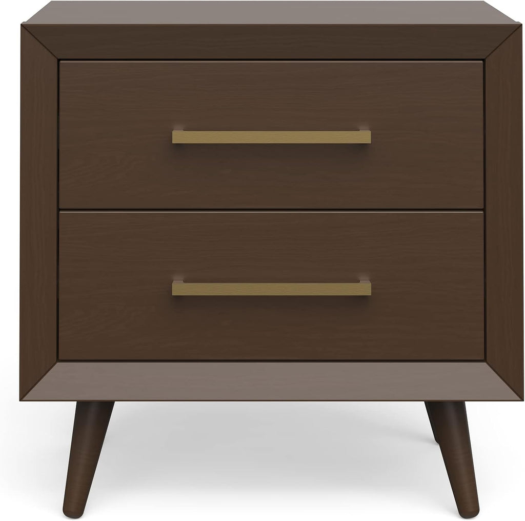 Child Craft Cranbrook Nightstand, 25" W Mid-Century Modern 2-Drawer Nursery Nightstand with Metal Handles, Toasted Chestnut