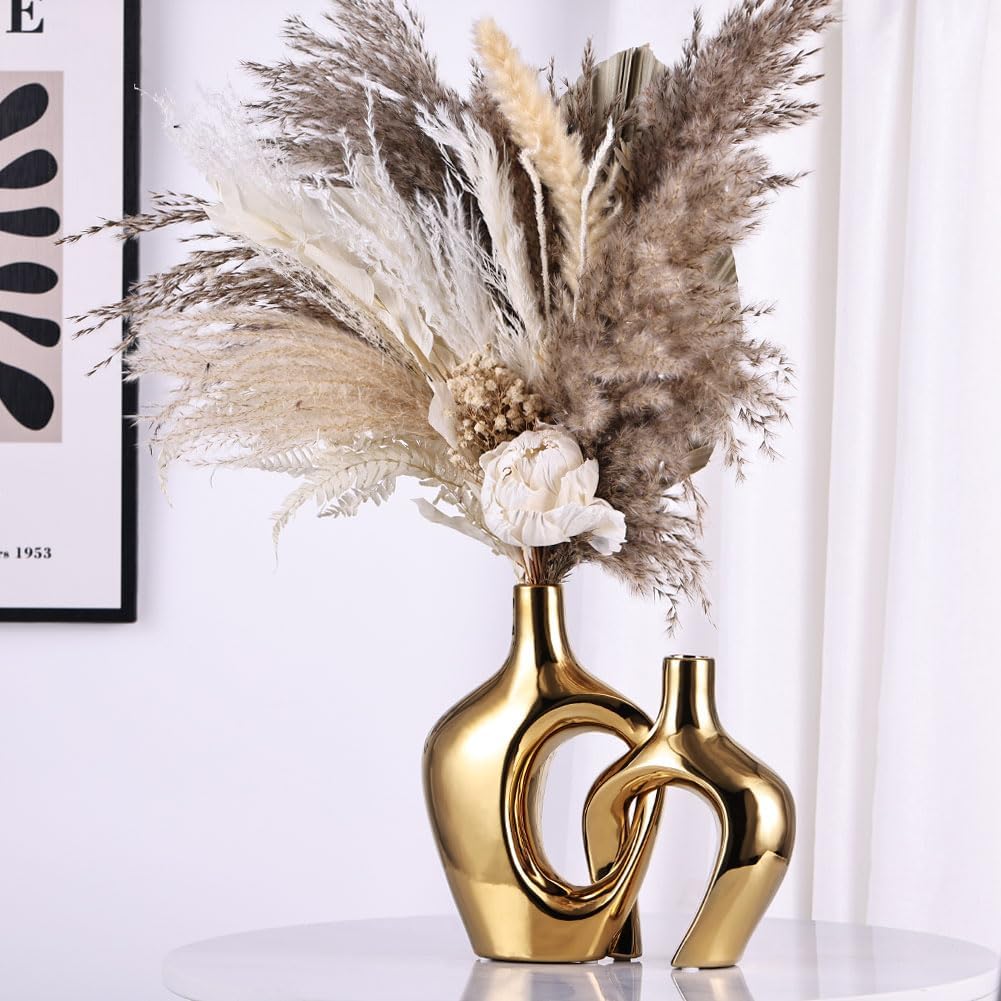 Gold Hollow Ceramic Vases Set of 2 - Modern Nordic Boho ins Style Decor Vases, Pampas Grass Flower Vases for Wedding, Living Room, Office, Entrance, Dining Table Decor Centerpieces