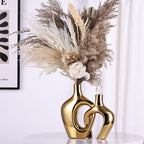 Gold Hollow Ceramic Vases Set of 2 - Modern Nordic Boho ins Style Decor Vases, Pampas Grass Flower Vases for Wedding, Living Room, Office, Entrance, Dining Table Decor Centerpieces