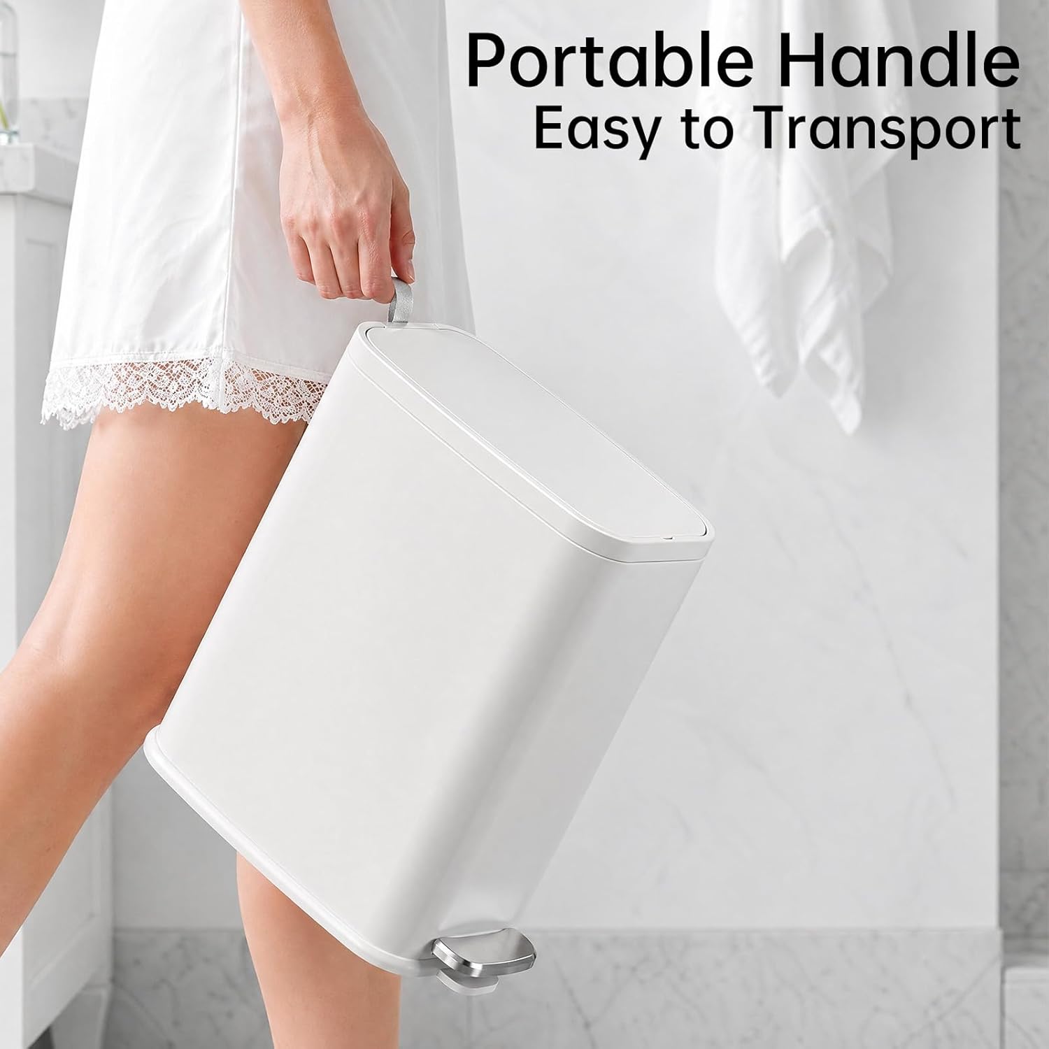 Small Bathroom Trash Can with Lid Soft Close, Step Pedal, 1.6 Gallon White Stainless Steel Slim Garbage Can with Removable Inner Bucket, Includes 60 Trash Bags for Home Bedroom