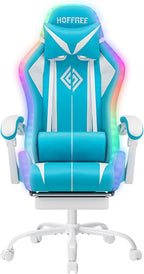 RGB Gaming Chair with LED Lights Massage Ergonomic Computer Gaming Chair High Back Video Game Chair with Footrest and Adjustable Lumbar Support Linkage Armrest Gamer Chairs for Adults Blue and White