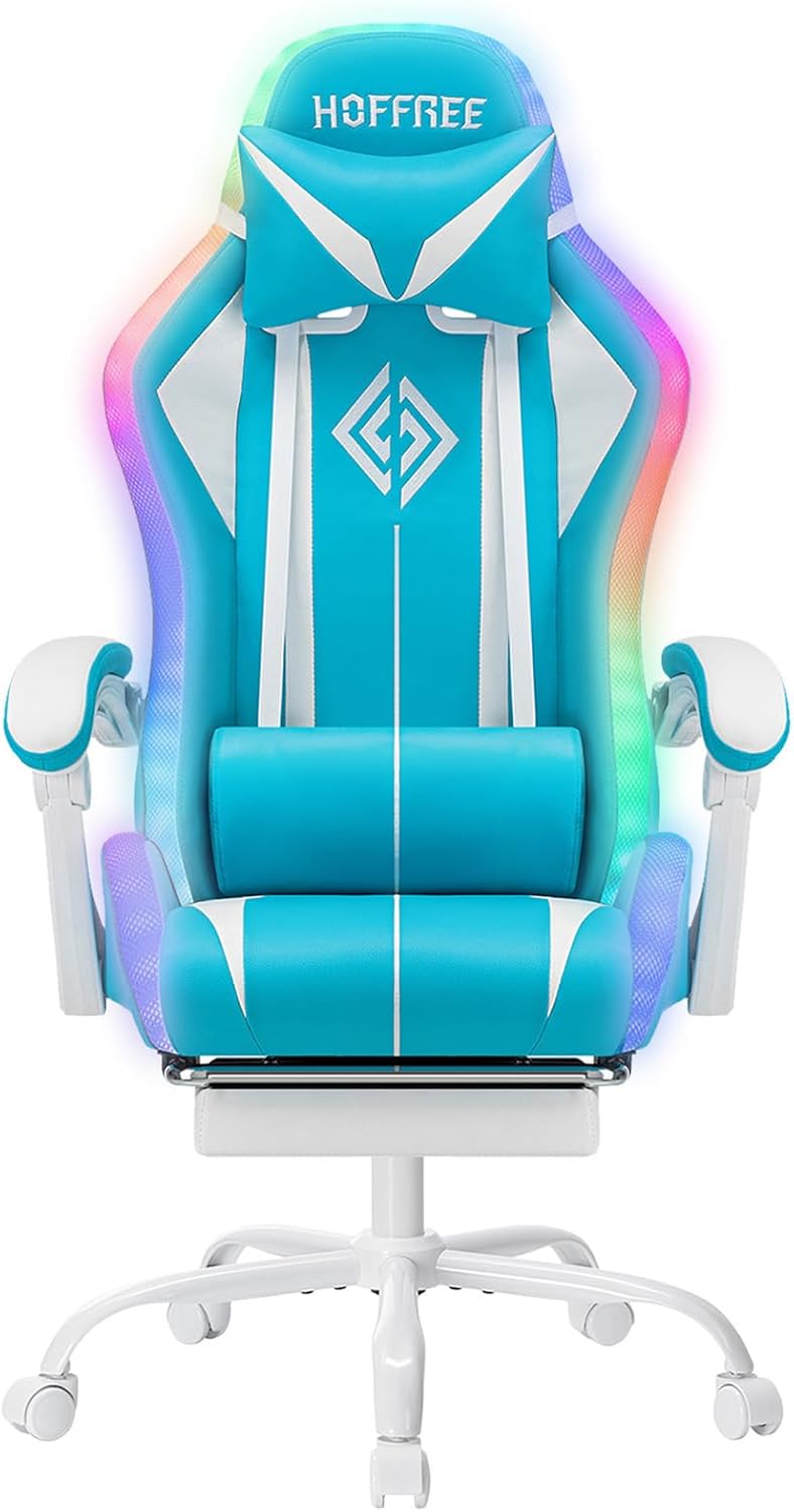 RGB Gaming Chair with LED Lights Massage Ergonomic Computer Gaming Chair High Back Video Game Chair with Footrest and Adjustable Lumbar Support Linkage Armrest Gamer Chairs for Adults Blue and White
