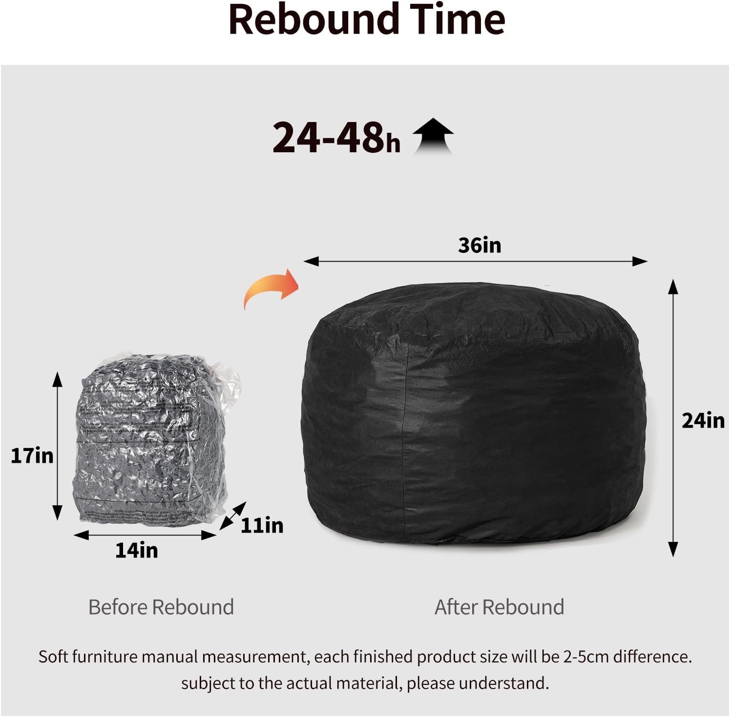 3 Feet Bean Bag Chair, Memory Foam Filled, Removable Cover, Bean Bag Chairs for Adults and Teens, Round Sofa Chair for Living Room, Bedroom and Gaming Room, Black