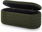 Modern Oval Storage Ottoman Bench, Upholstered Boucle Teddy Fabric End of Bed Bench with Storage, End of Bed Stool with Safety Hinge for Bedroom, Living Room, Entryway, White (Dark Green)