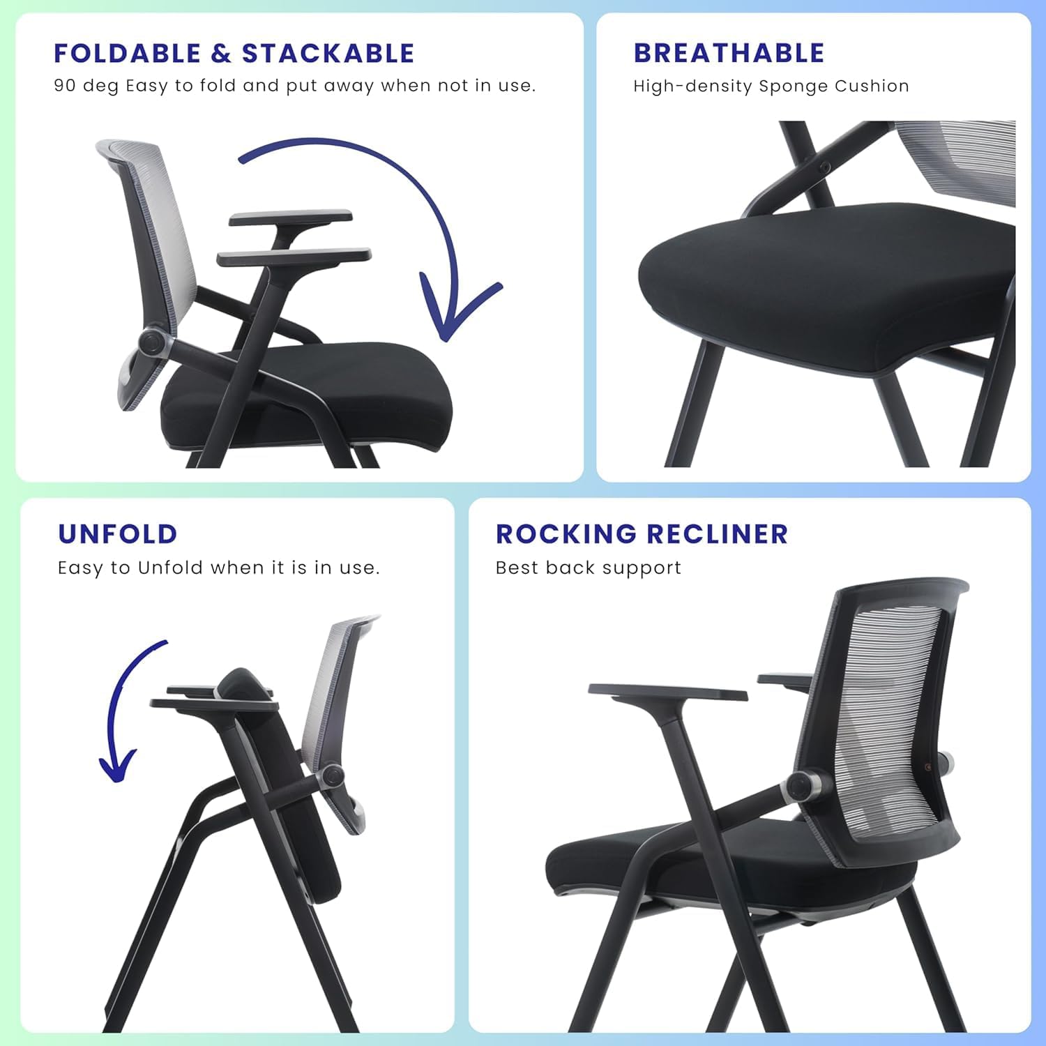 Conference Room Chairs, Folding Office Desk Chair with Lumbar Support and Sliding Armrest with Casters, Stackable Office Guest Chairs & Reception Chairs (2 Pack)