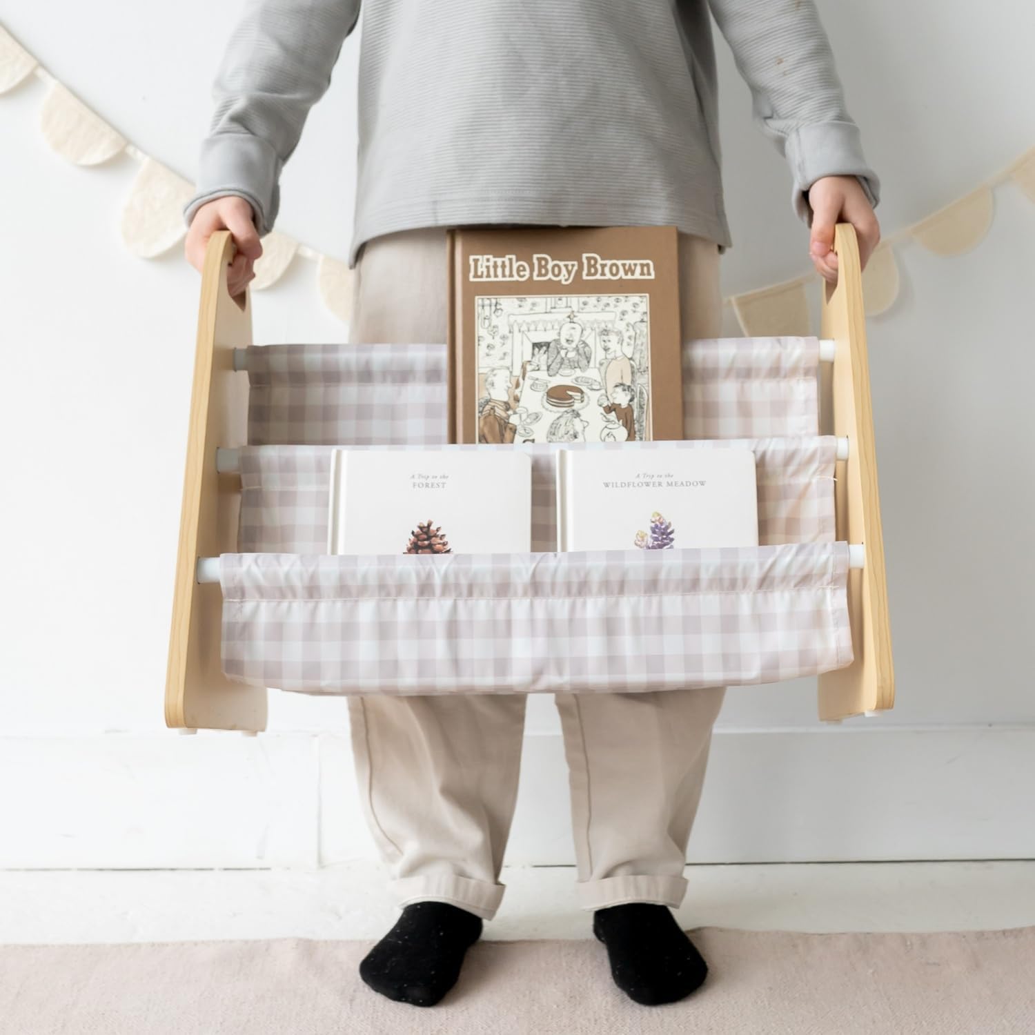 3 Sprouts Double Sided Baby Bookshelf - Portable Book Shelf for Kids Rooms - Ideal Toddler Book Storage - Nursery Bookshelf - Small Bookshelf for Child's Room - Book Organizer - Gingham Beige