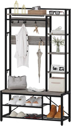 BON AUGURE Hall Tree with Bench and Shoe Storage, Entryway Bench with Coat Rack, Wooden Metal Coat Tree with Hooks, 5 in 1 Multifunctional Shoe Benches and Wall Rack (Dark Gray Oak)